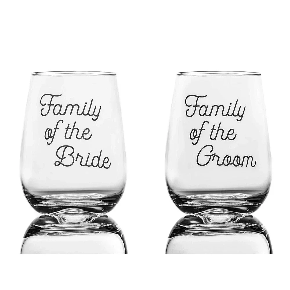 4 Pack Wedding Wine Glasses w/Decal “Family of the Bride” “Family of the Groom”